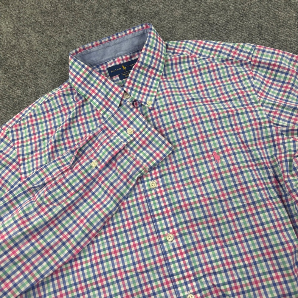 Ralph Lauren Button Down Shirt L Multicolor Gingham Plaid Stretch Mens